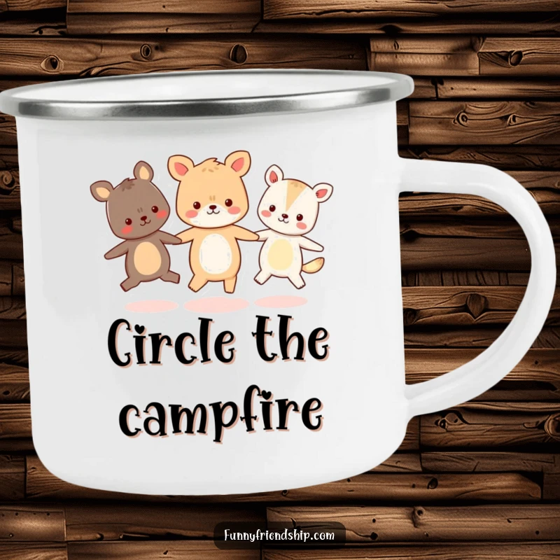 Funny camping mug depicting three happy animal characters holding hands and skipping in a circle, ideal for outdoor enjoyment.