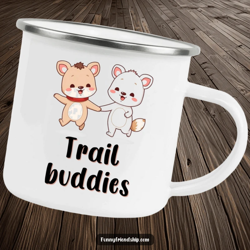 Funny camping mug with two animal characters holding hands and skipping, perfect for enjoying drinks with a friend.