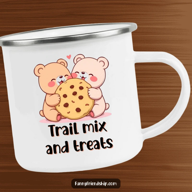 Funny camping mug with two cute bears joyfully sharing a giant cookie, ideal for outdoor friendship humor.