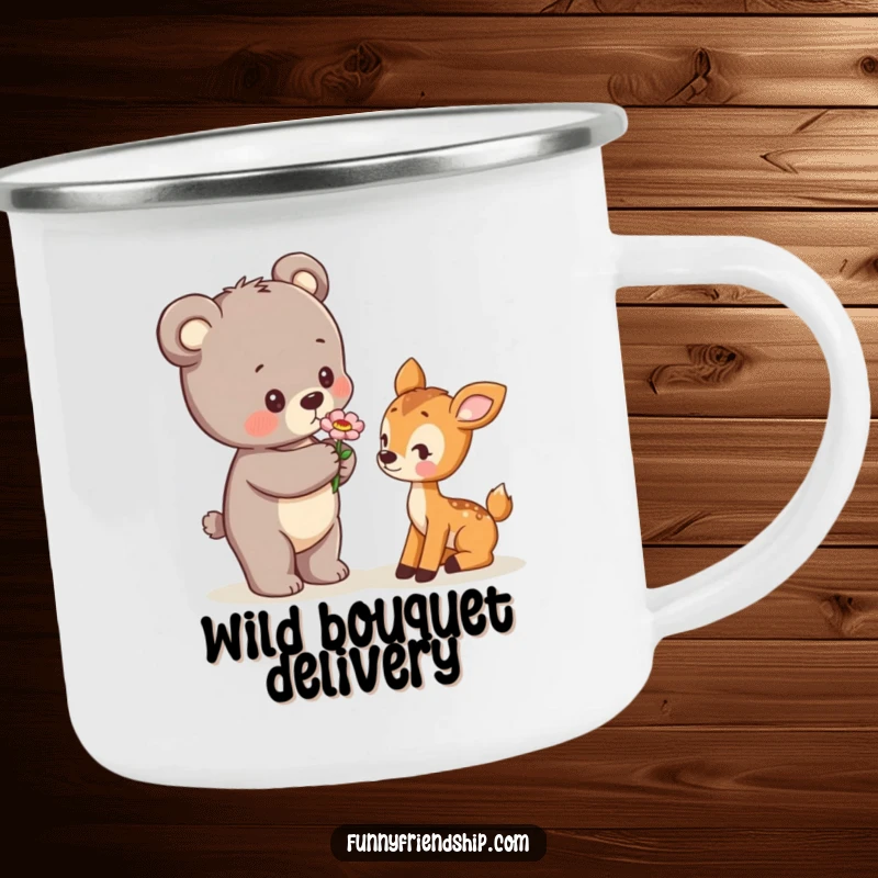 Funny Camping Mug with a bear cub offering a flower to a shy deer cub, ideal for outdoor enthusiasts seeking cute charm.