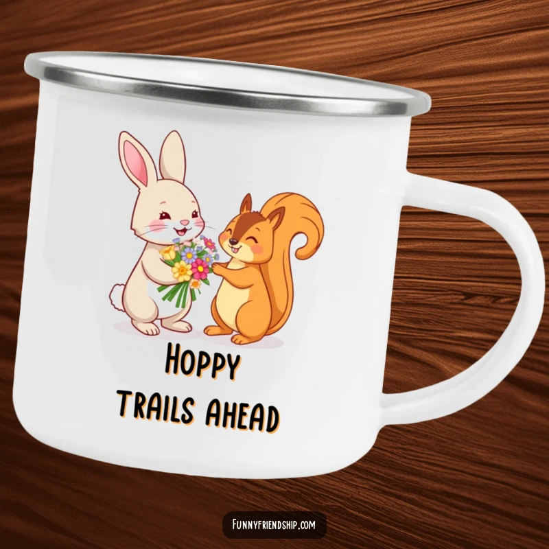 Funny camping mug showing a playful rabbit offering flowers to a squirrel, designed for outdoor adventures and nature lovers.