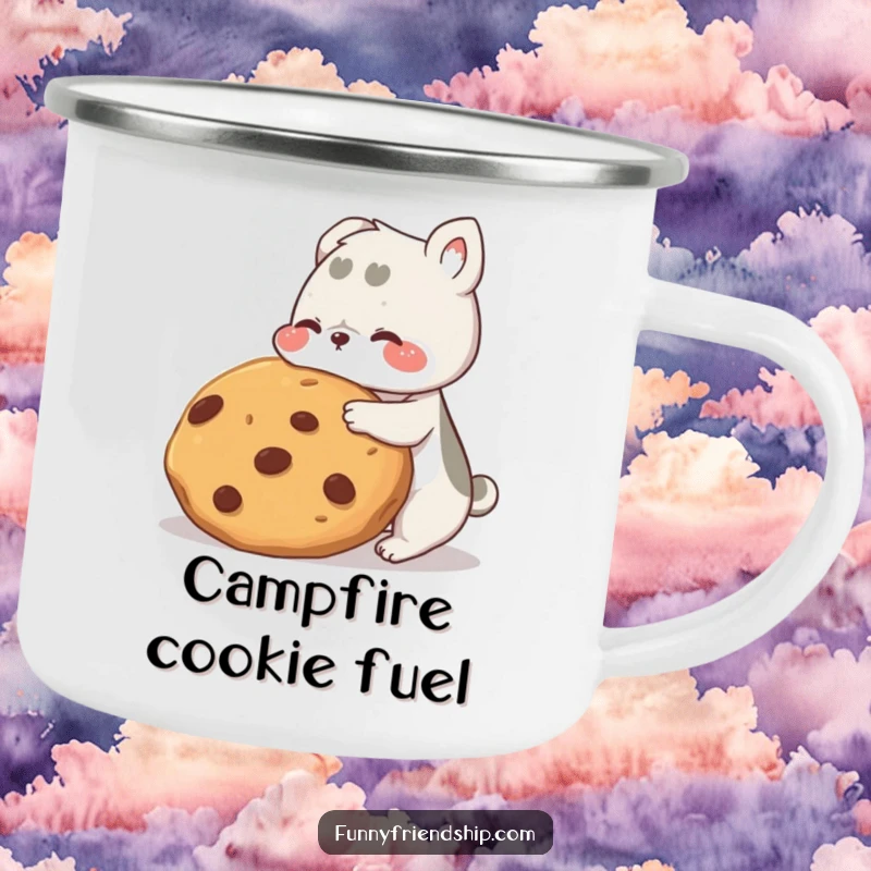 Funny animal friends camping mug, enamel cup with two characters sharing a giant cookie, perfect for outdoor humor.