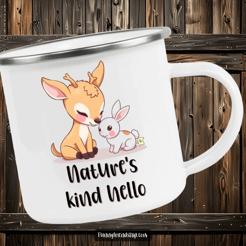 Funny enamel camping mug displaying a gentle deer character nudging a small rabbit, ideal for adding a touch of nature's sweetness to adventures.