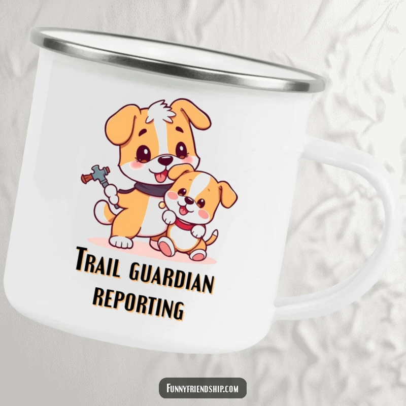 Funny dog camping mug showing a loyal dog and a playful puppy, ready for outdoor adventures and a good laugh.