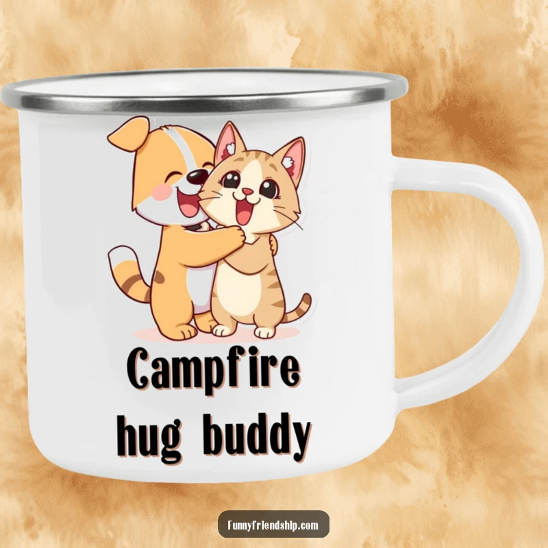 Funny Camping Mug: Cute dog character enthusiastically hugging a surprised cat character, perfect for enjoying drinks outdoors with humor.