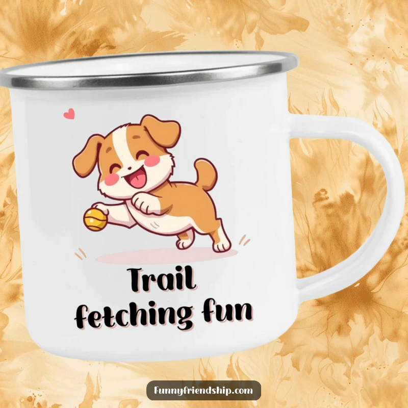 Funny dog character camping mug depicting a playful dog fetching a ball with a cheering companion, for outdoor fun.