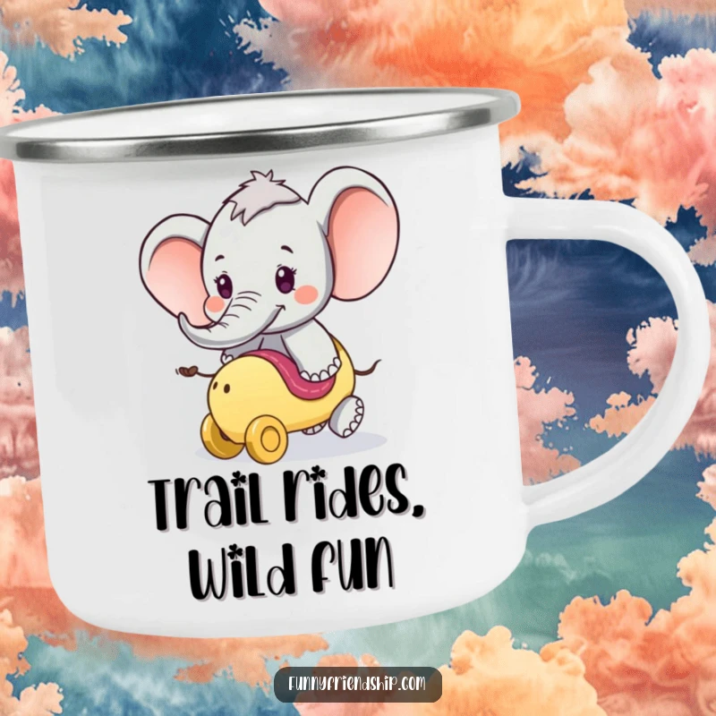 Funny Camping Mug: Playful elephant offering a ride on its trunk, perfect for outdoor adventures and fun moments.