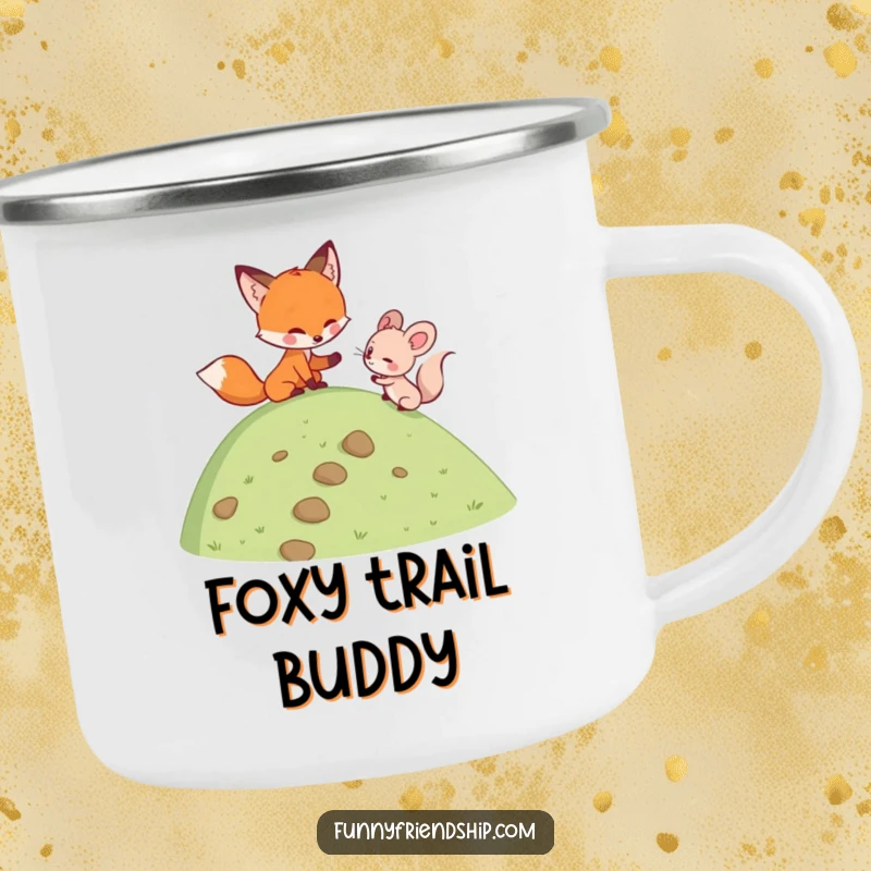 Funny fox helping a mouse climb a hill on a camping mug, perfect for outdoorsy types who appreciate supportive humor.