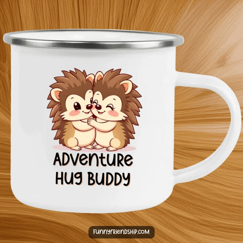 Funny Hedgehog Hug Camping Mug: Two cute hedgehogs hugging, perfect for outdoor drinks, durable and fun, a great funny gift.