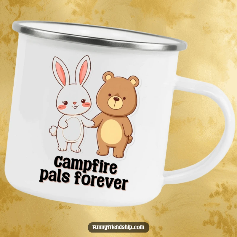 Funny rabbit and bear characters holding hands, a durable and humorous enamel camping mug for outdoor adventures.