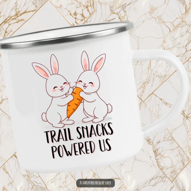 Funny rabbit camping mug with two high-fiving bunnies and a giant carrot, durable enamelware for outdoor enjoyment.
