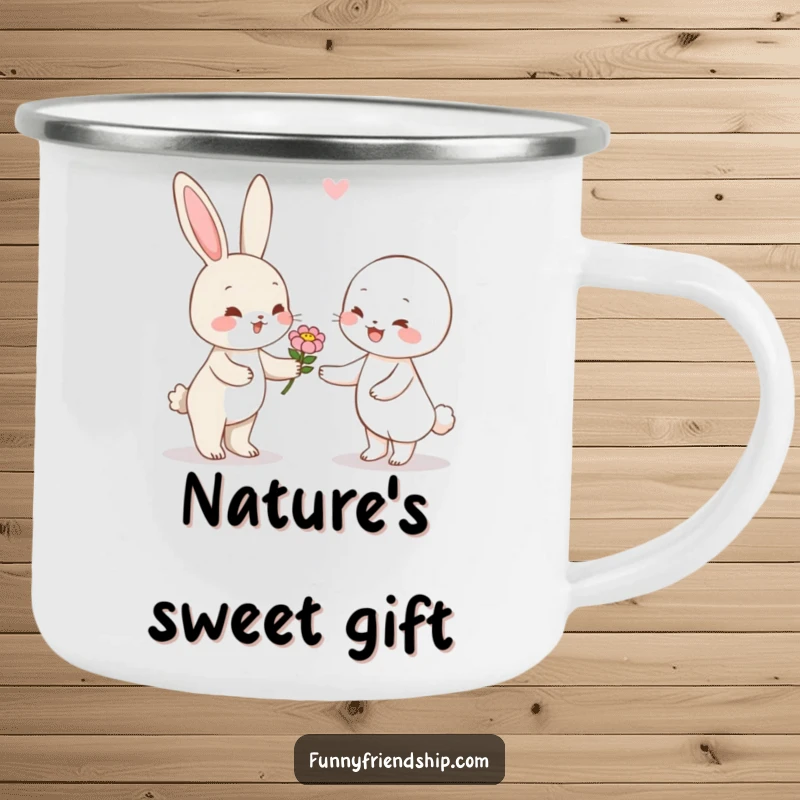 Funny rabbit character camping mug with a cute bunny giving a flower to a smiling companion, for outdoor use.