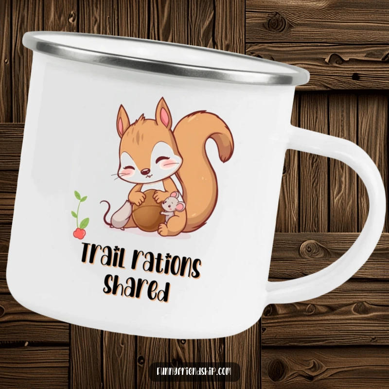 Funny Camping Mug: Curious squirrel sharing a nut with a tiny mouse, perfect for outdoor adventures and cozy moments.