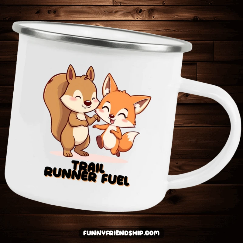 Funny camping mug featuring a squirrel and a fox character in a game of tag, ideal for enjoying drinks outdoors.