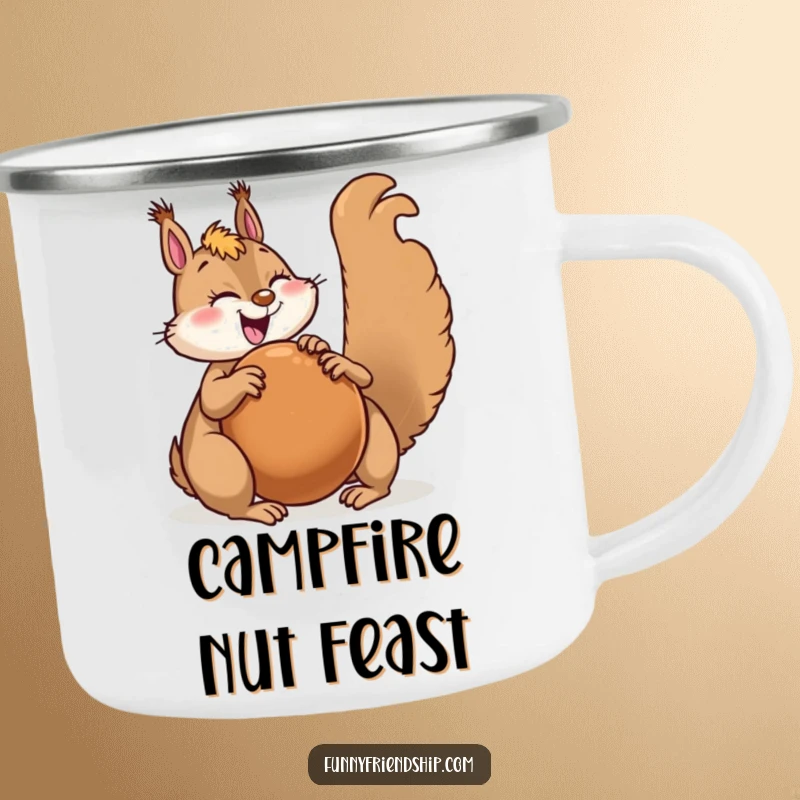 Funny squirrel character camping mug with a joyful squirrel sharing a giant nut with a happy friend, for outdoor use.
