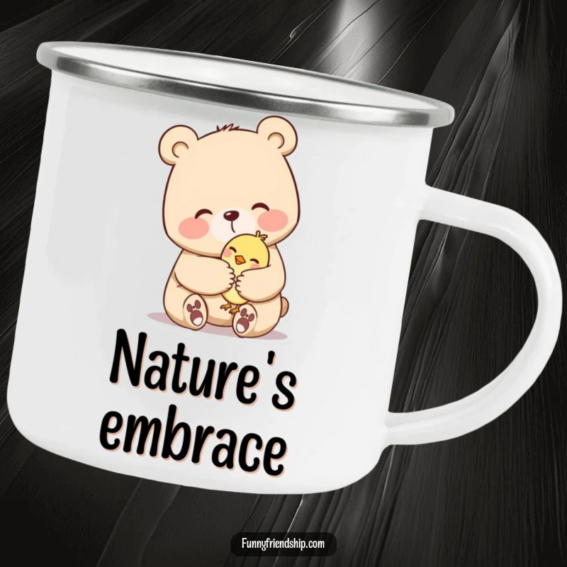 Funny camping mug showing a bear character giving a comforting hug to a small bird, perfect for outdoor warmth.