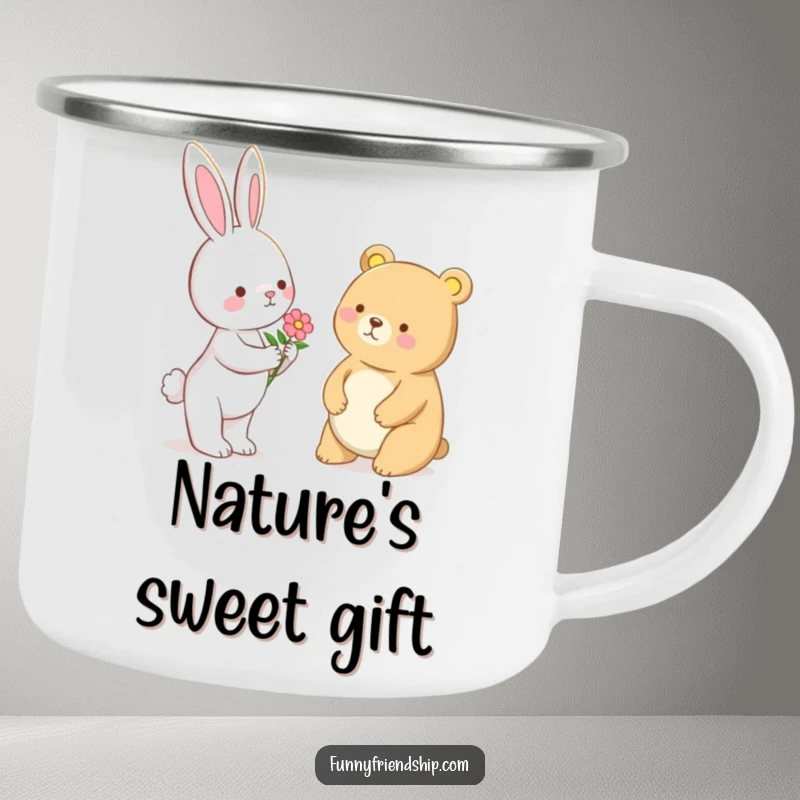 Funny Bunny and Bear Flower Camping Mug: Bunny giving flower to bear, durable outdoor drinkware, symbolizing friendship, a funny gift.