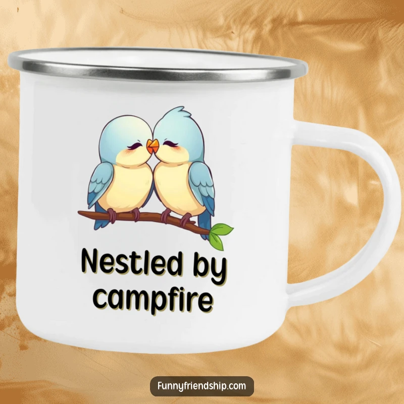 Funny two birds nuzzling on a camping mug, perfect for outdoor enthusiasts who appreciate romantic humor and companionship.