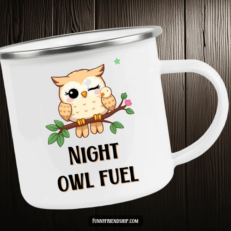 Funny Camping Mug: A winking owl shares a branch with another owl, perfect for witty humor on the go.