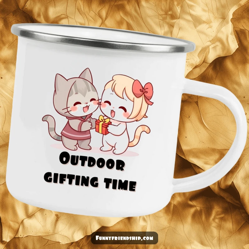 Funny camping mug with a cat enthusiastically offering a small gift, ideal for outdoor cat lover humor.