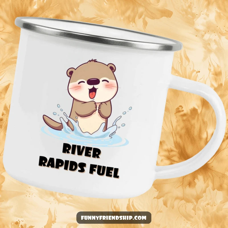 Funny otter camping mug featuring a playful otter character splashing water, ideal for outdoor enthusiasts and humor lovers.