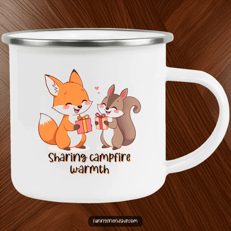Funny fox and squirrel camping mug exchanging gifts, durable enamelware for outdoor enjoyment and sharing.