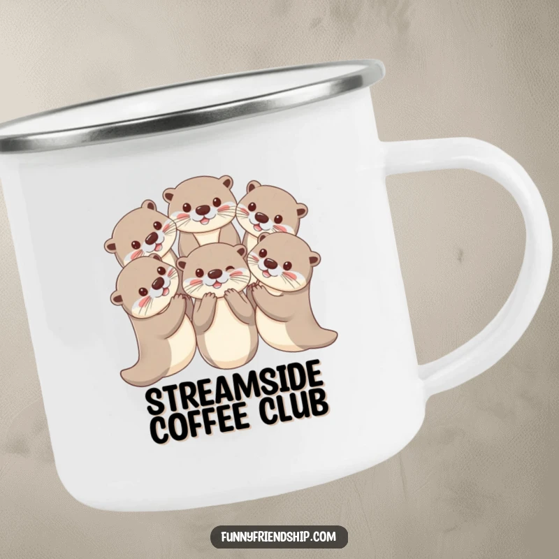 Funny otter camping mug with playful otters holding paws in a circle, durable enamelware for outdoor enjoyment.