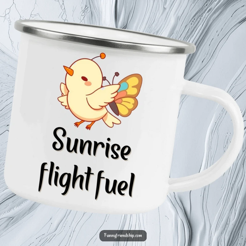 Funny Bird and Butterfly Camping Mug: A sturdy enamel mug featuring a bird and butterfly in flight, ideal for outdoor adventures.