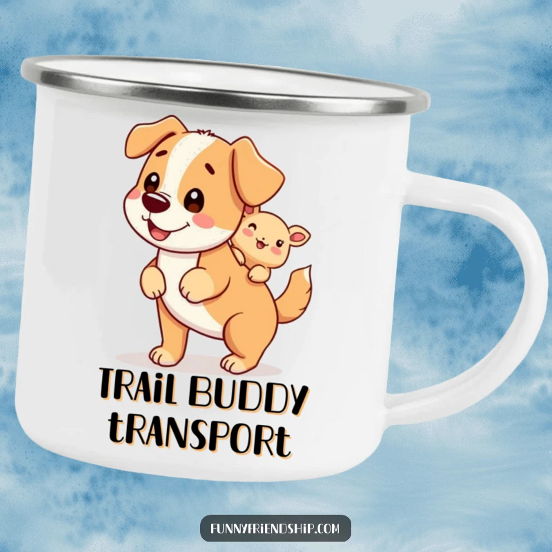 Funny enamel camping mug with a dog character giving a piggyback ride, perfect for outdoor lovers.
