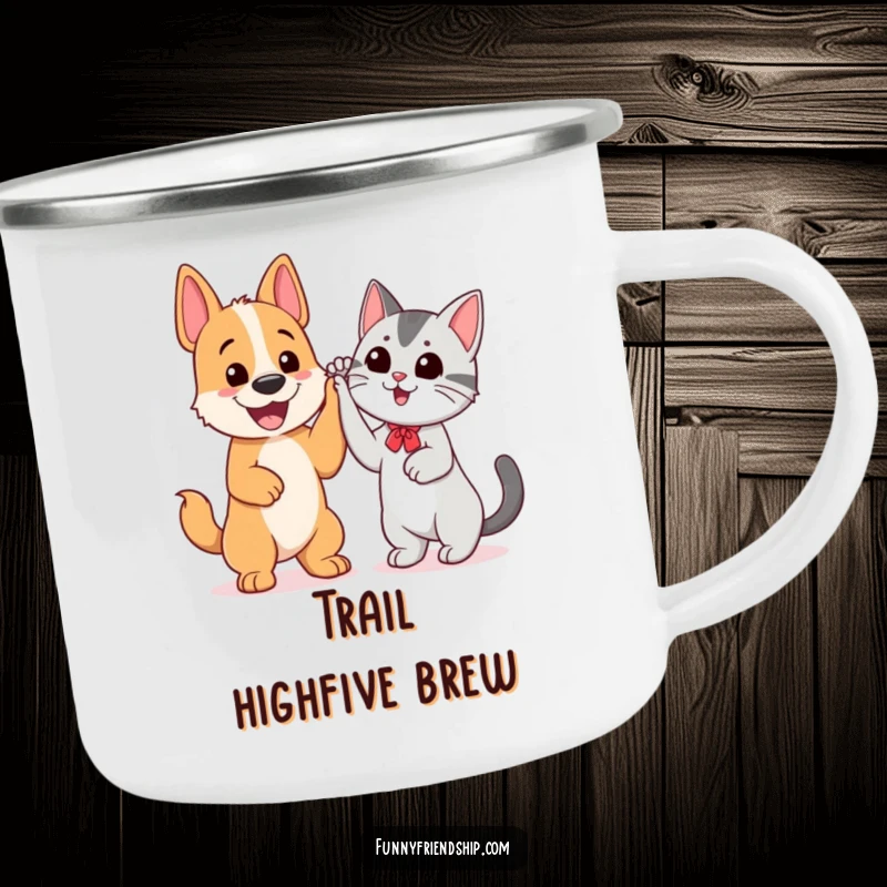 Funny camping mug with a cheerful dog and cat giving each other a high five, celebrating outdoor friendship.