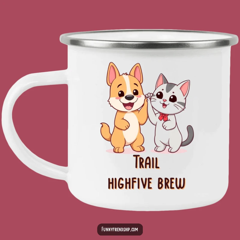 Funny Dog and Cat High Five Camping Mug: Outdoor Friendship Fun, Perfect Gift for Campers