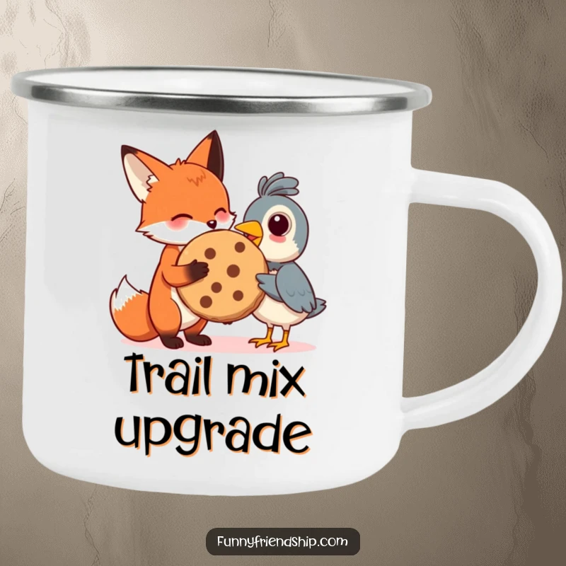 Funny camping mug with a fox sharing a cookie with a bird, perfect for enjoying drinks outdoors with a humorous, sweet theme.