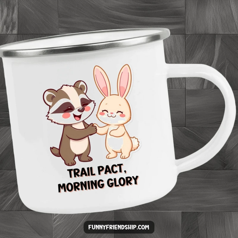 Funny camping mug with a badger and rabbit handshake, durable and perfect for outdoor adventurers and pact-makers.