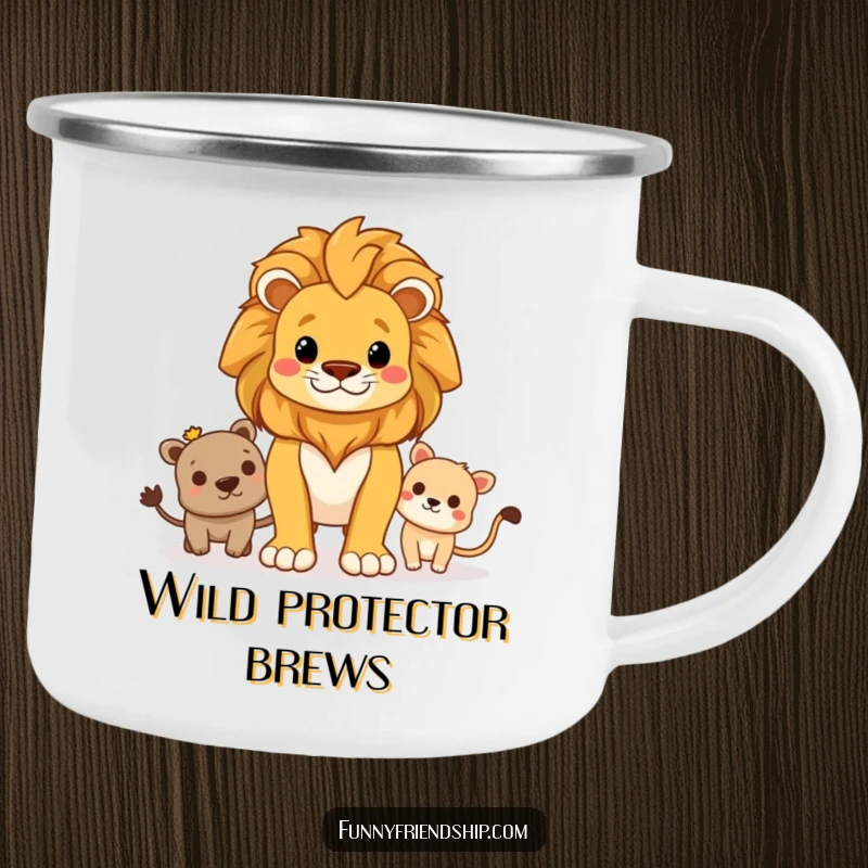 Funny camping mug with a proud lion standing guard over friends, built for adventure and carrying a message of loyal protection.