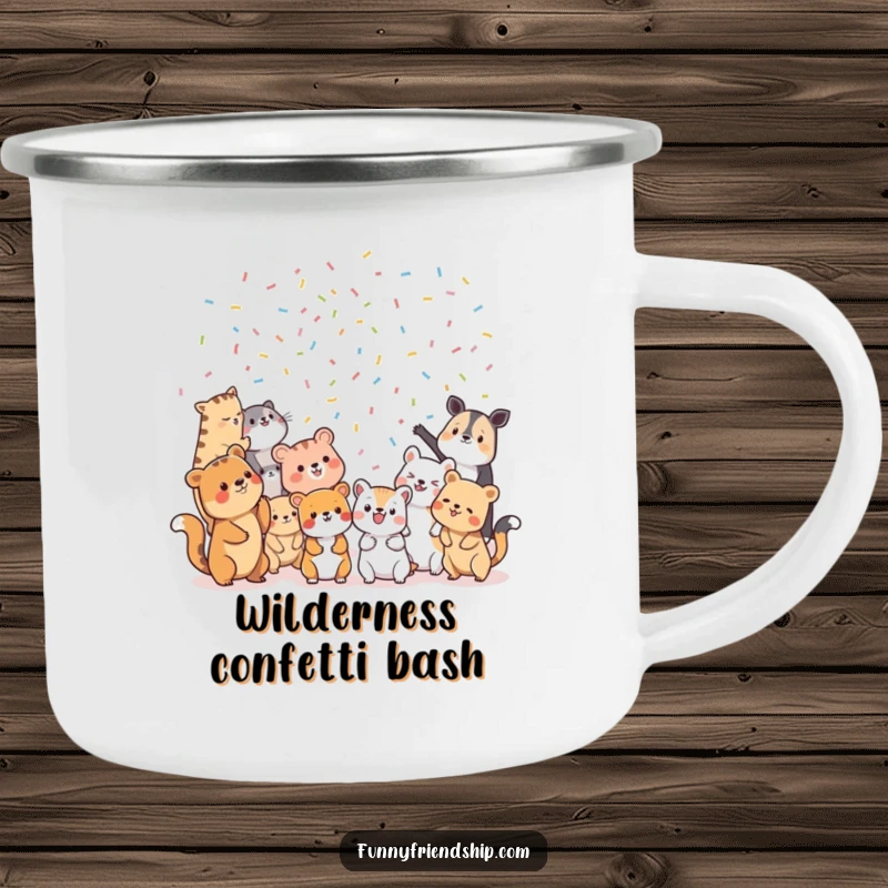 Funny Camping Mug: Diverse animal characters throwing confetti at each other, perfect for enjoying drinks outdoors with humor.