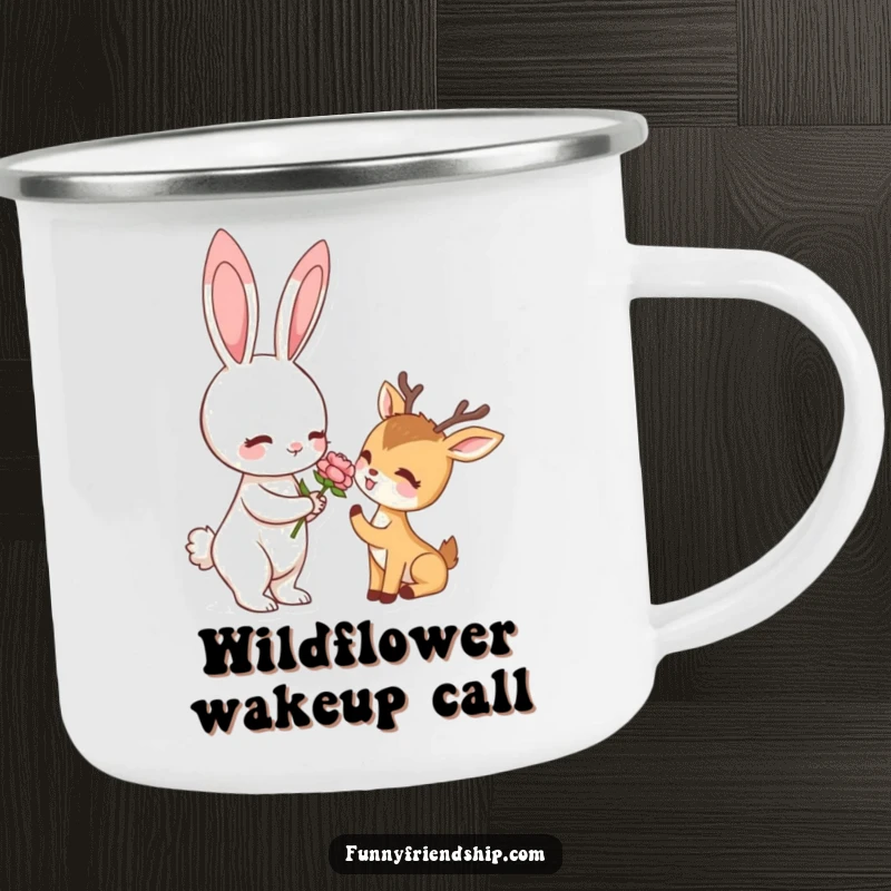 Funny camping mug with a rabbit offering a flower to a deer, perfect for enjoying drinks outdoors with a humorous touch.