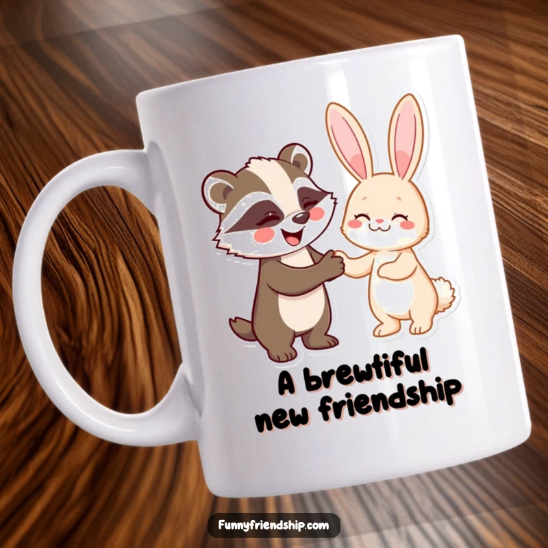 Funny mug showing a happy badger and rabbit shaking hands, symbolizing a funny and unlikely friendship pact.