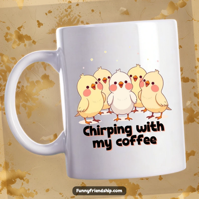 Funny bird characters forming a choir, singing together joyfully with musical notes, depicted on a charming cartoon mug.