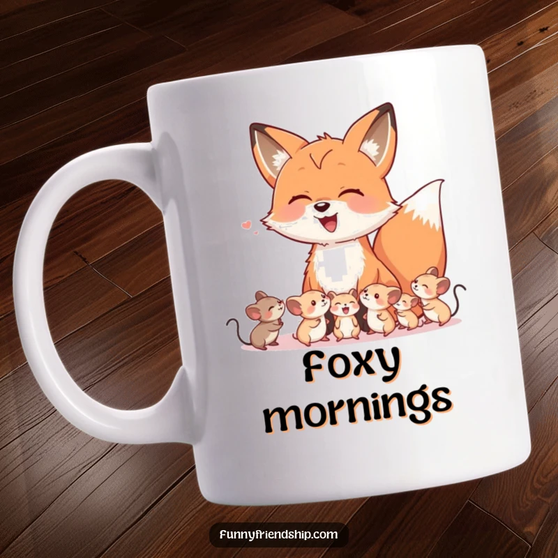 Funny mug featuring a friendly fox character sharing a hearty laugh with a group of tiny, smiling mice.