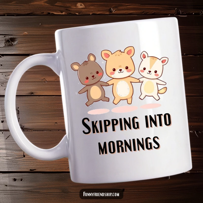 Funny mug showing three cute, happy animal characters linked hands, skipping in a joyful circle, radiating friendship.