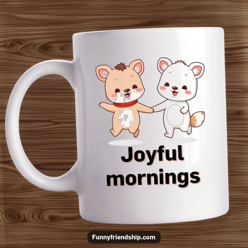 Funny mug showing two cheerful animal characters holding hands and skipping joyfully, radiating pure happiness and friendship.