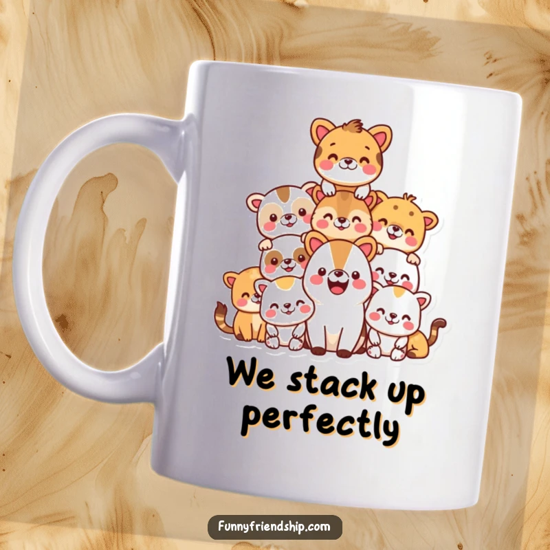 Funny mug showcasing a cheerful pyramid of smiling animals, symbolizing teamwork and happiness for gift recipients.