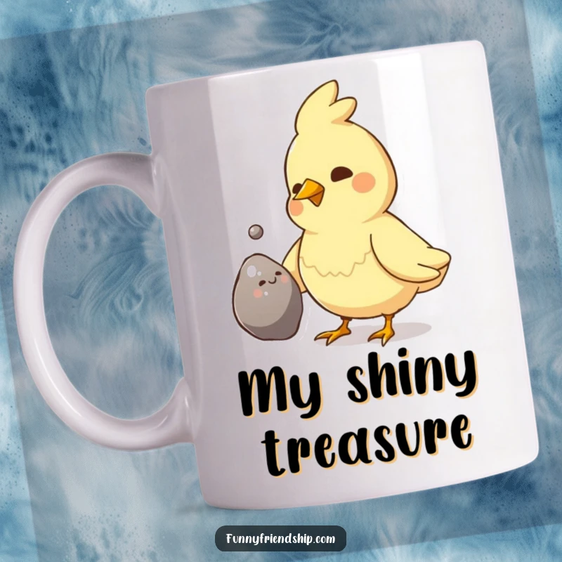 Funny Bird Pebble Gift Mug: Proud bird offers shiny pebble to another, symbolizing affection and thoughtfulness, a cute funny gift.