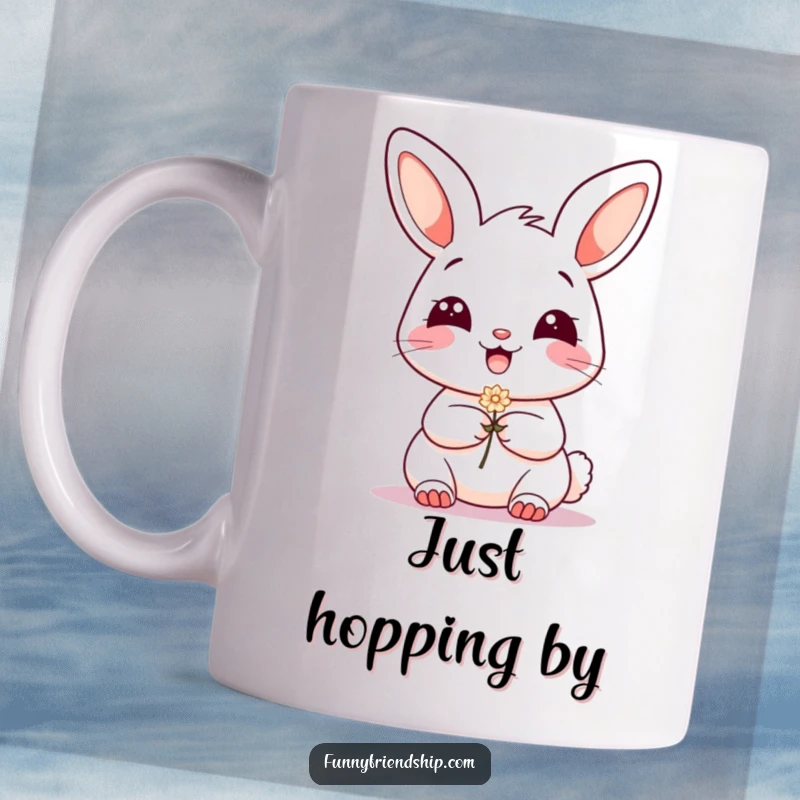 Funny Mug: Grinning bunny character offering a small, delicate flower to a friend, symbolizing kindness and friendship.