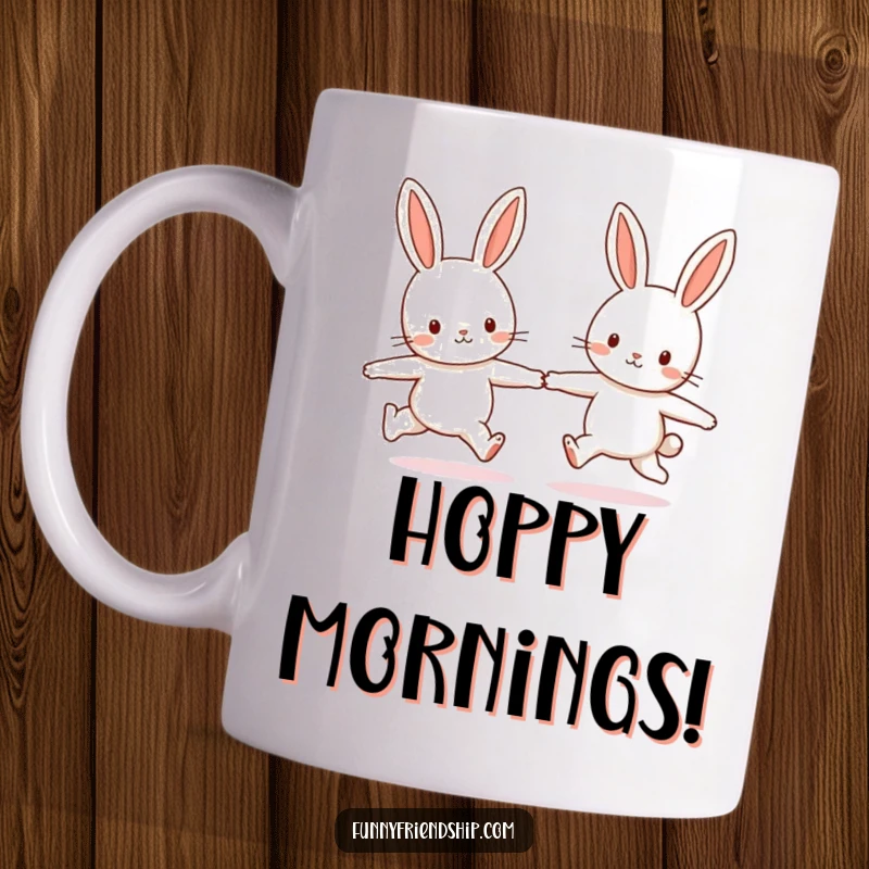 Funny mug showing two cute bunny characters joyfully skipping and holding hands, radiating friendship and playful energy.