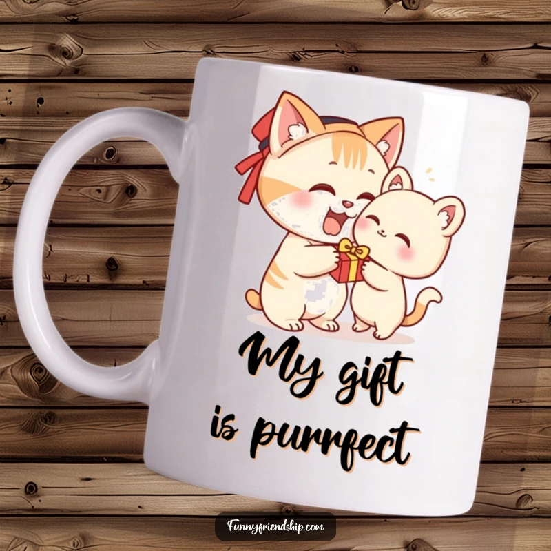 Funny mug featuring a cat character eagerly offering a tiny gift, symbolizing friendship and thoughtful presents.