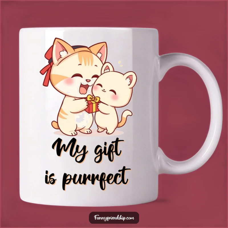 Funny Cat Giving Gift Mug - Adorable Character Presenting a Cute Surprise Gift Mug