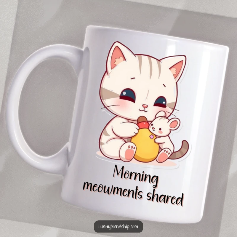 Funny mug: a cat character generously shares a toy with a small mouse character, showcasing a humorous and unlikely friendship.