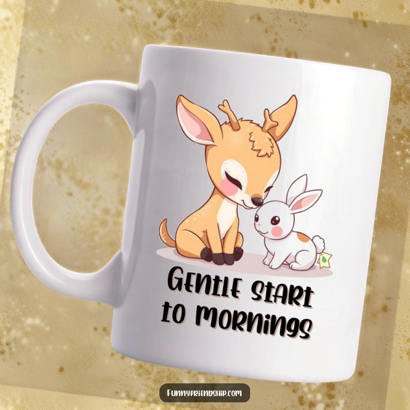 Funny mug showing a gentle deer character affectionately nudging a small rabbit with its nose, symbolizing friendship and sweet animal interaction.