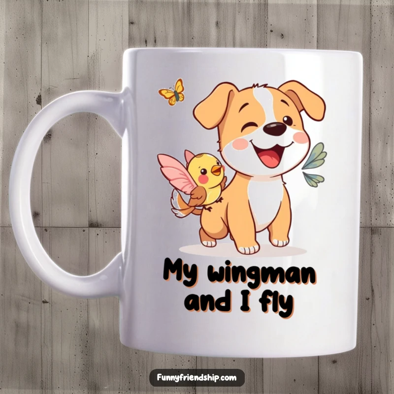 Funny mug: happy dog, playful bird, and butterfly in a lively chase, embodying pure outdoor joy and friendship.